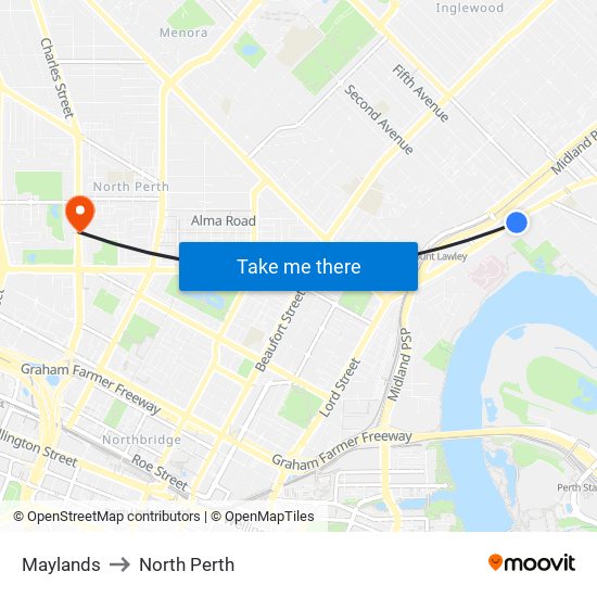 Maylands to North Perth map