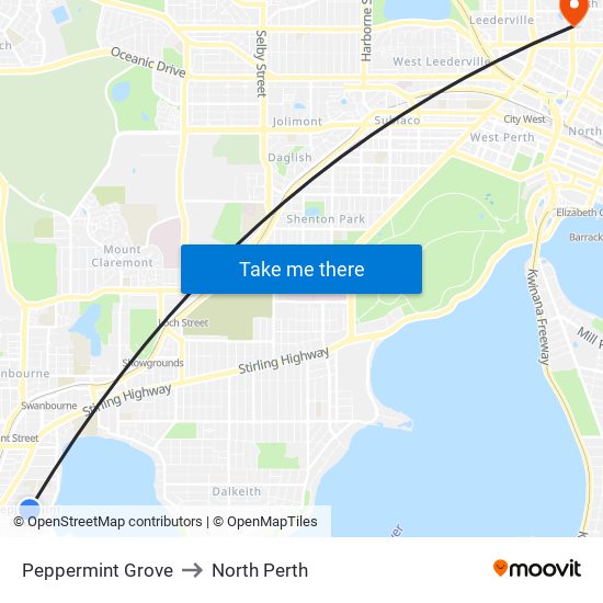 Peppermint Grove to North Perth map