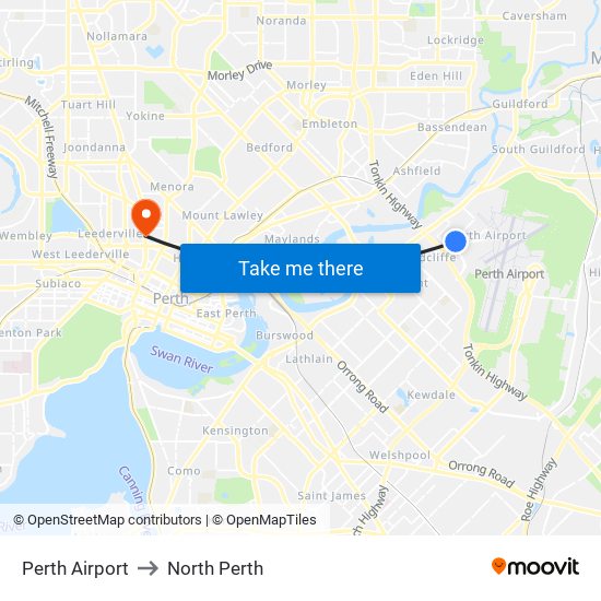 Perth Airport to North Perth map