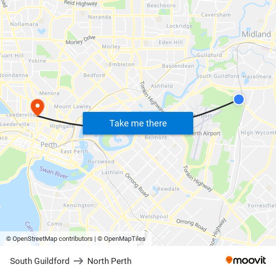 South Guildford to North Perth map