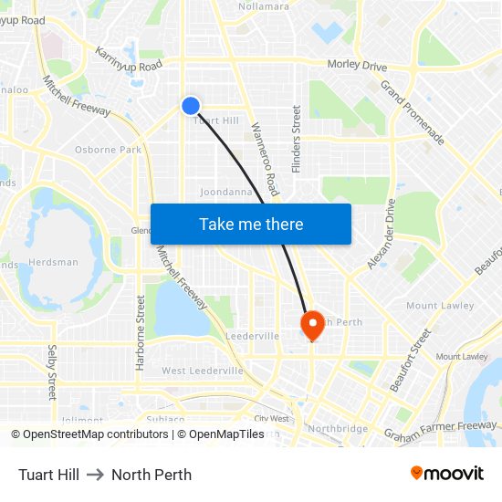 Tuart Hill to North Perth map