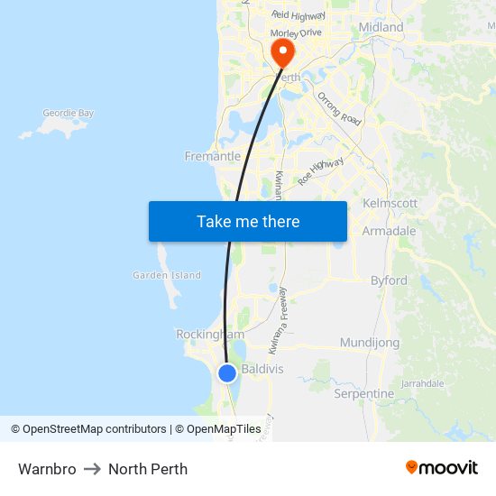 Warnbro to North Perth map