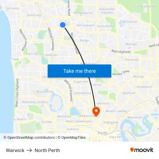 Warwick to North Perth map