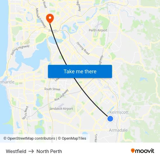 Westfield to North Perth map