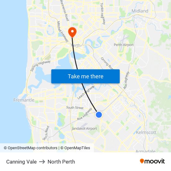 Canning Vale to North Perth map