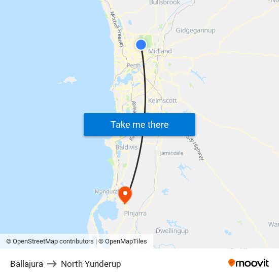 Ballajura to North Yunderup map