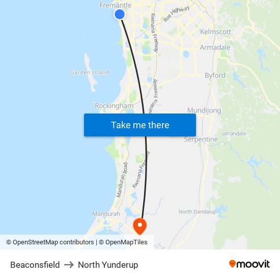 Beaconsfield to North Yunderup map