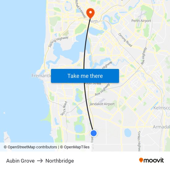 Aubin Grove to Northbridge map