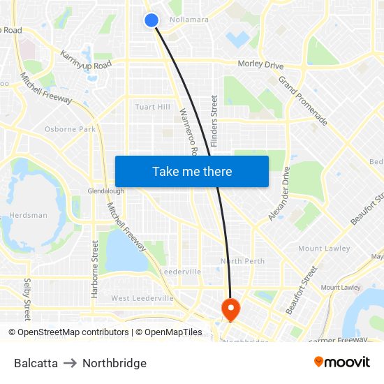 Balcatta to Northbridge map