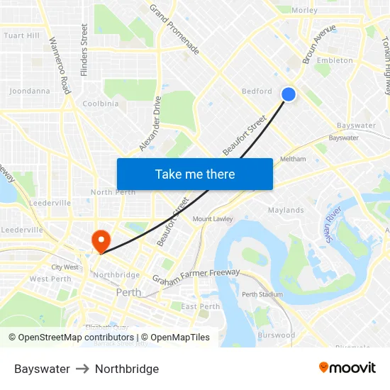 Bayswater to Northbridge map