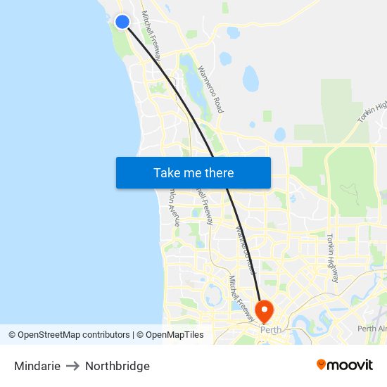 Mindarie to Northbridge map