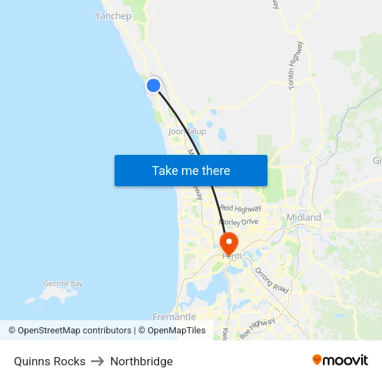 Quinns Rocks to Northbridge map