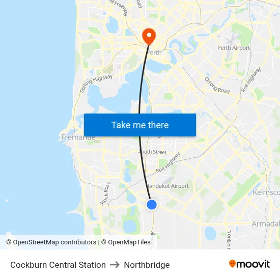 Cockburn Central Station to Northbridge map