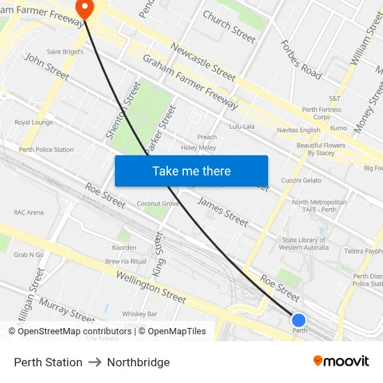Perth Station to Northbridge map