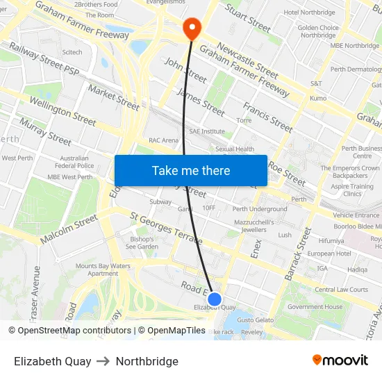 Elizabeth Quay to Northbridge map