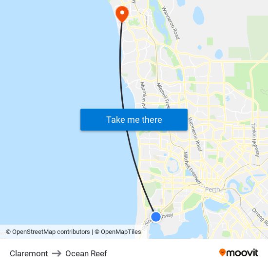 Claremont to Ocean Reef map