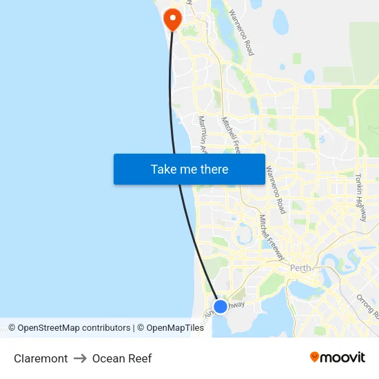 Claremont to Ocean Reef map