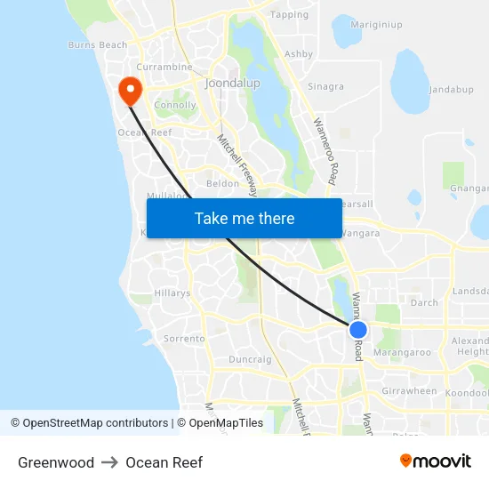 Greenwood to Ocean Reef map