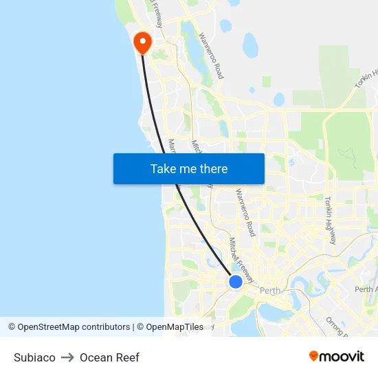 Subiaco to Ocean Reef map