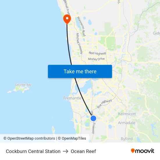 Cockburn Central Station to Ocean Reef map