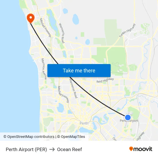 Perth Airport (PER) to Ocean Reef map