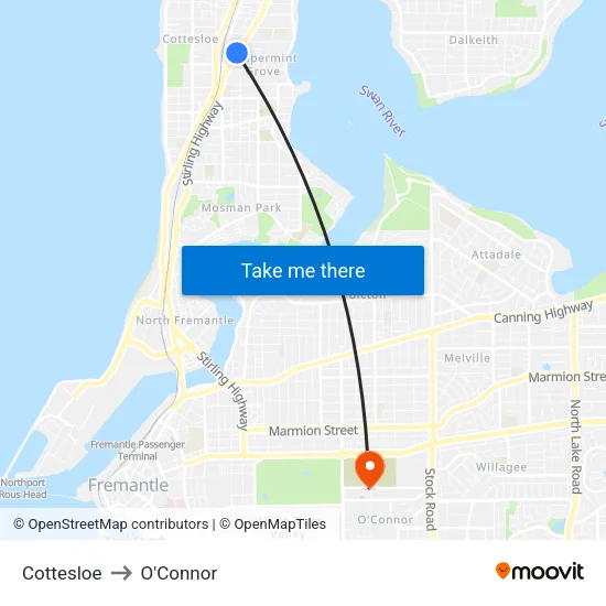 Cottesloe to O'Connor map
