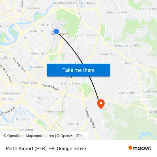 Perth Airport (PER) to Orange Grove map