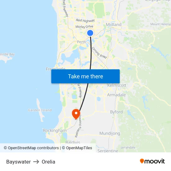 Bayswater to Orelia map