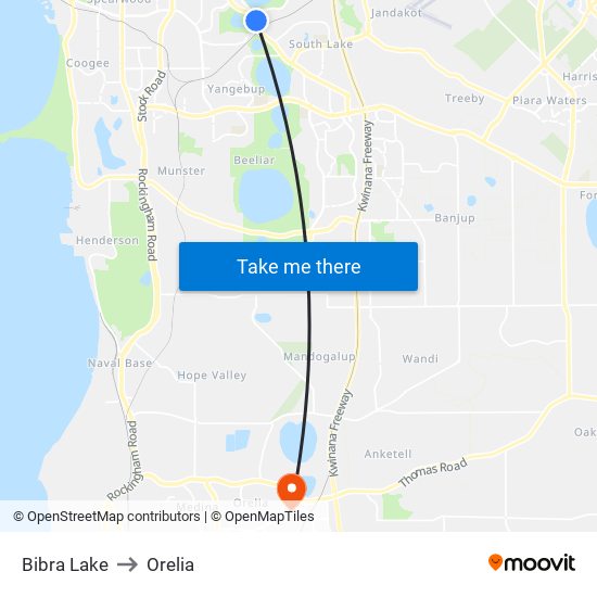 Bibra Lake to Orelia map