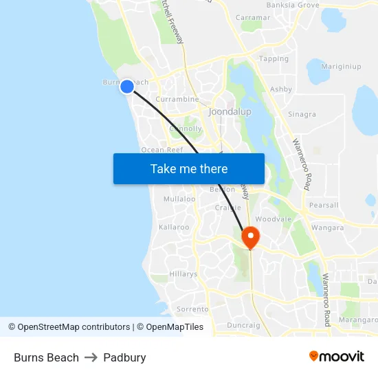 Burns Beach to Padbury map