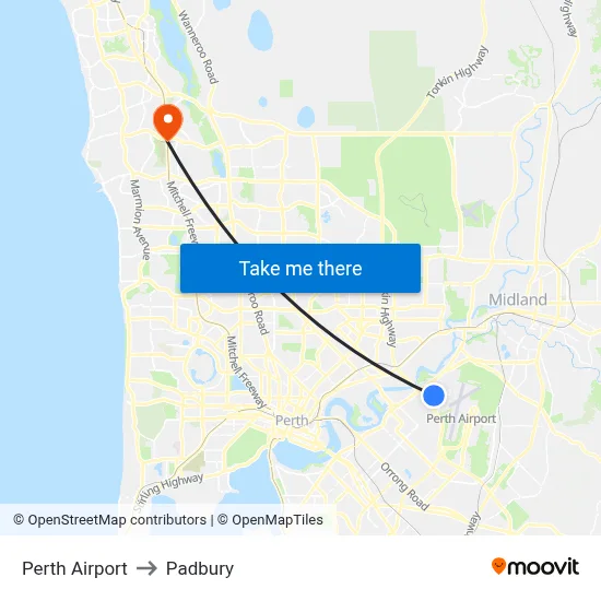 Perth Airport to Padbury map