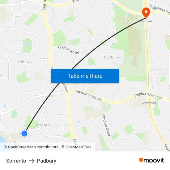 Sorrento to Padbury map