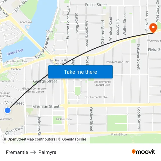 Fremantle to Palmyra map