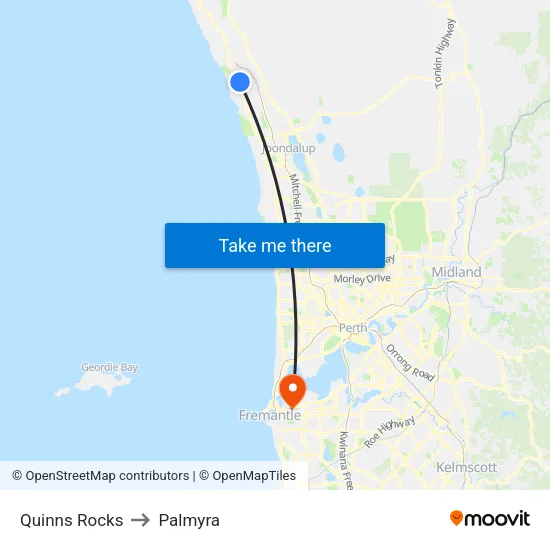 Quinns Rocks to Palmyra map