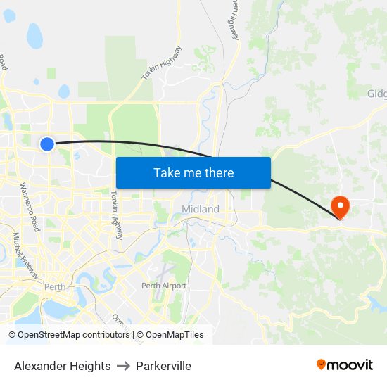 Alexander Heights to Parkerville map