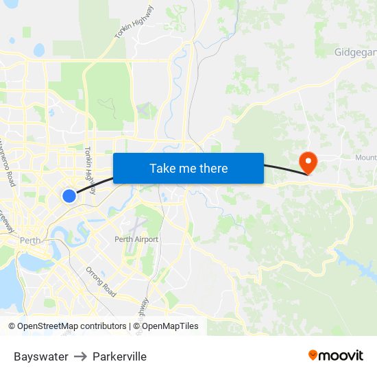 Bayswater to Parkerville map