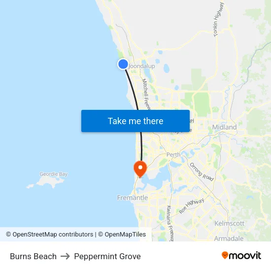 Burns Beach to Peppermint Grove map