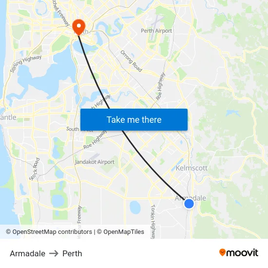 Armadale to Perth map