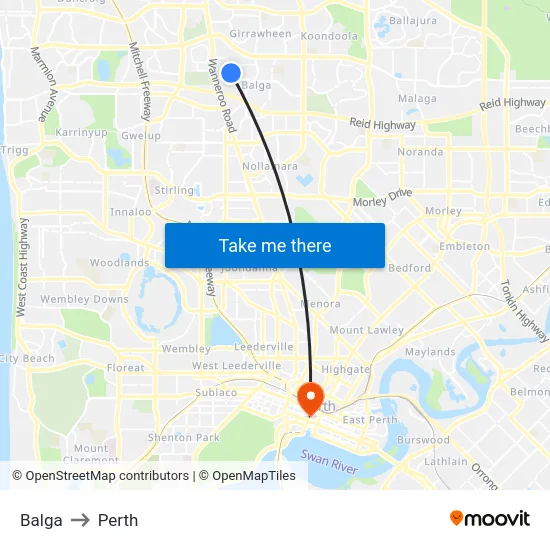 Balga to Perth map