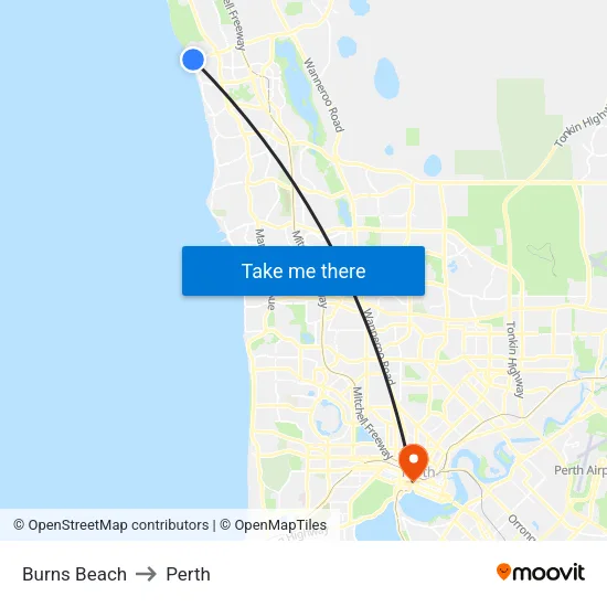 Burns Beach to Perth map