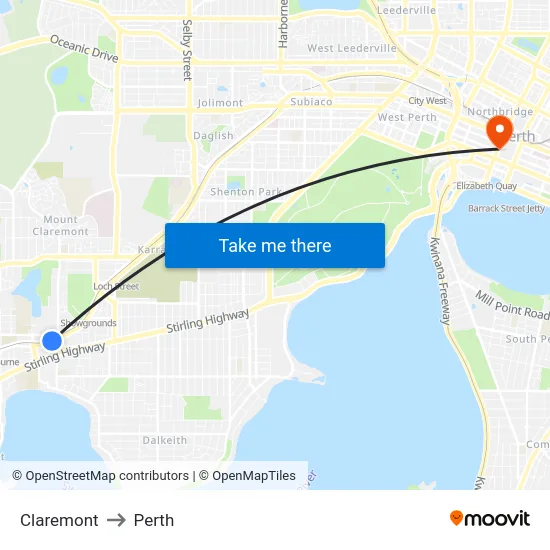 Claremont to Perth map