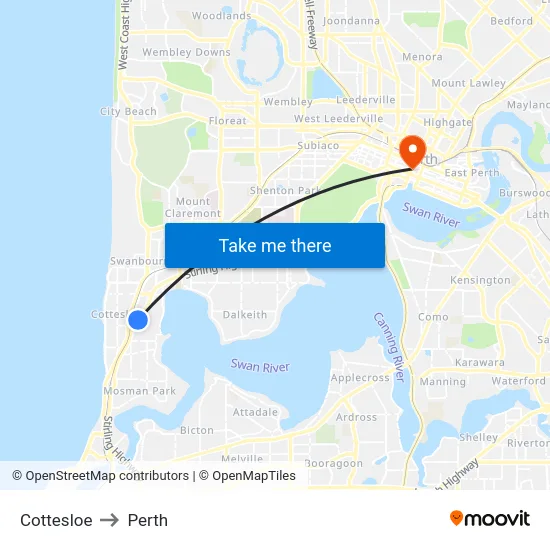 Cottesloe to Perth map