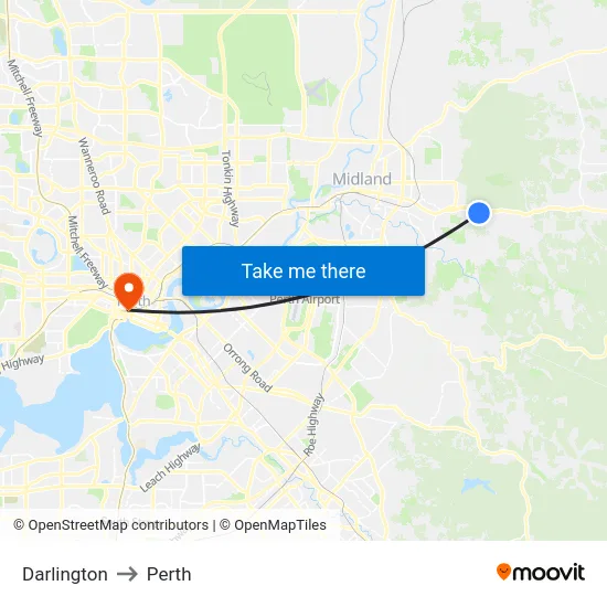 Darlington to Perth map