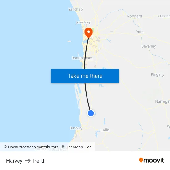 Harvey to Perth map