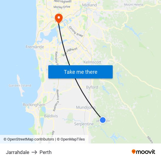 Jarrahdale to Perth map