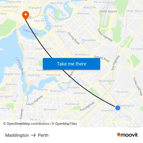 Maddington to Perth map