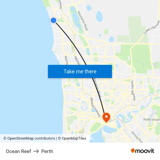 Ocean Reef to Perth map