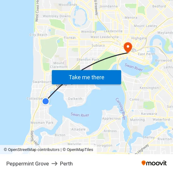 Peppermint Grove to Perth map