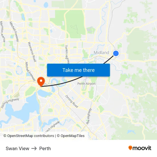 Swan View to Perth map