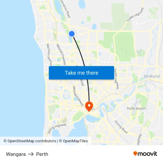Wangara to Perth map